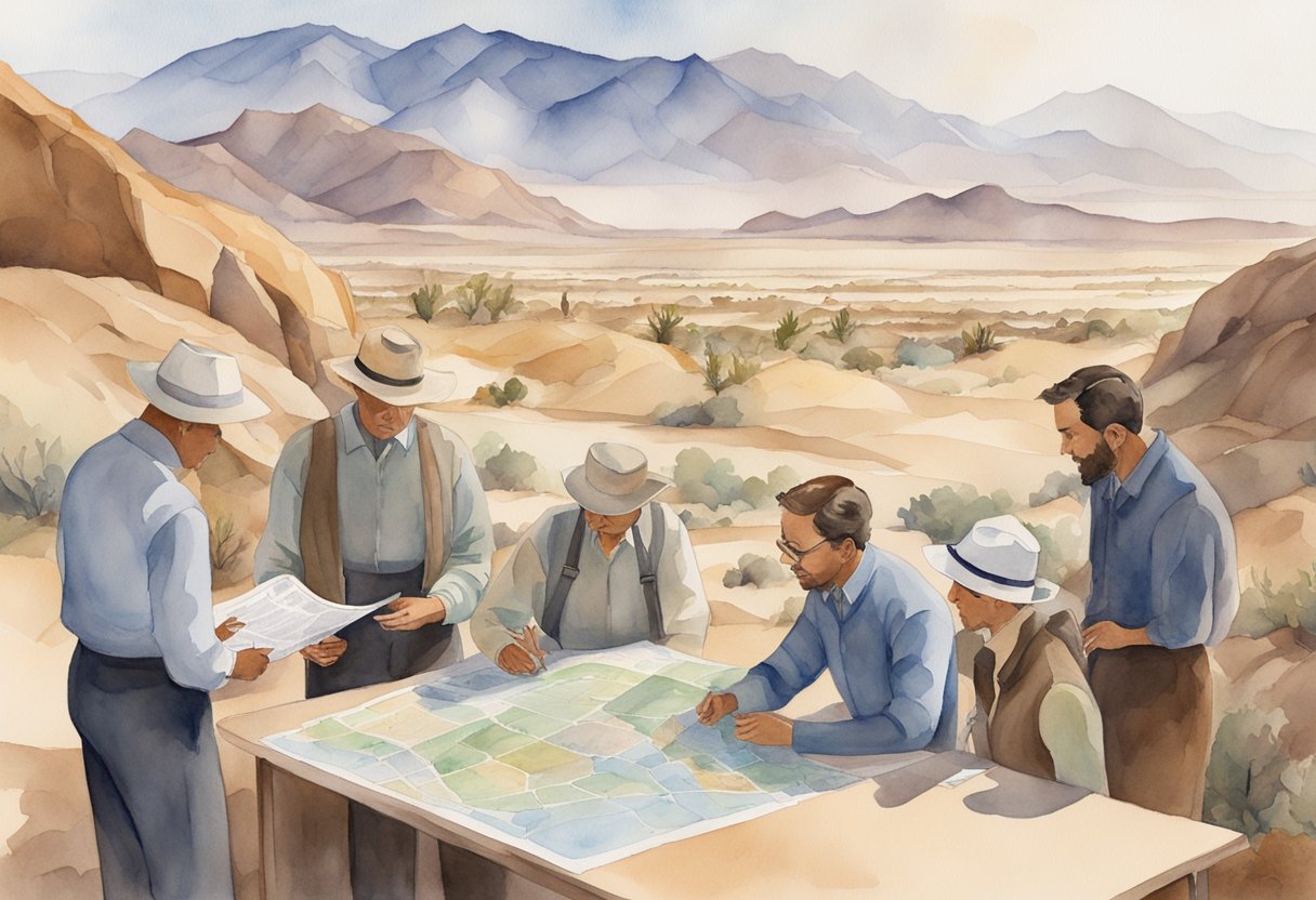 A group of investors gather around a table, examining maps and property listings. A desert landscape with mountains in the background