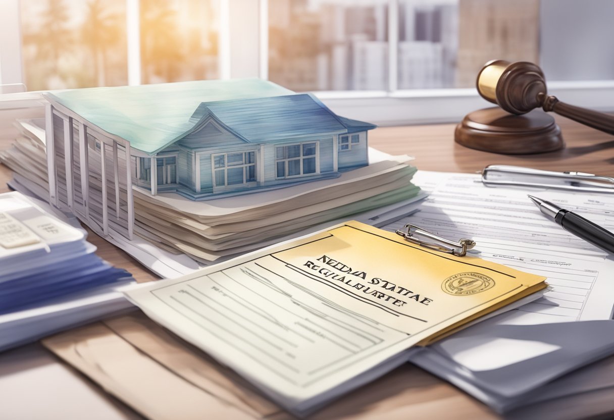 A stack of legal documents and a Nevada state regulatory guide on a desk, with a scale model of a real estate property in the background