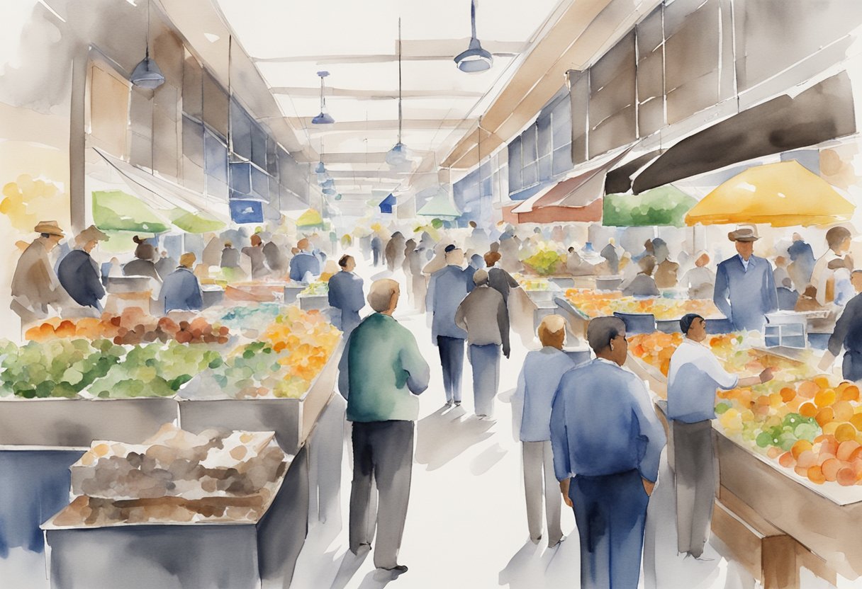A bustling market with real estate data being analyzed in Nevada. Charts, graphs, and maps cover the tables as researchers discuss investment opportunities