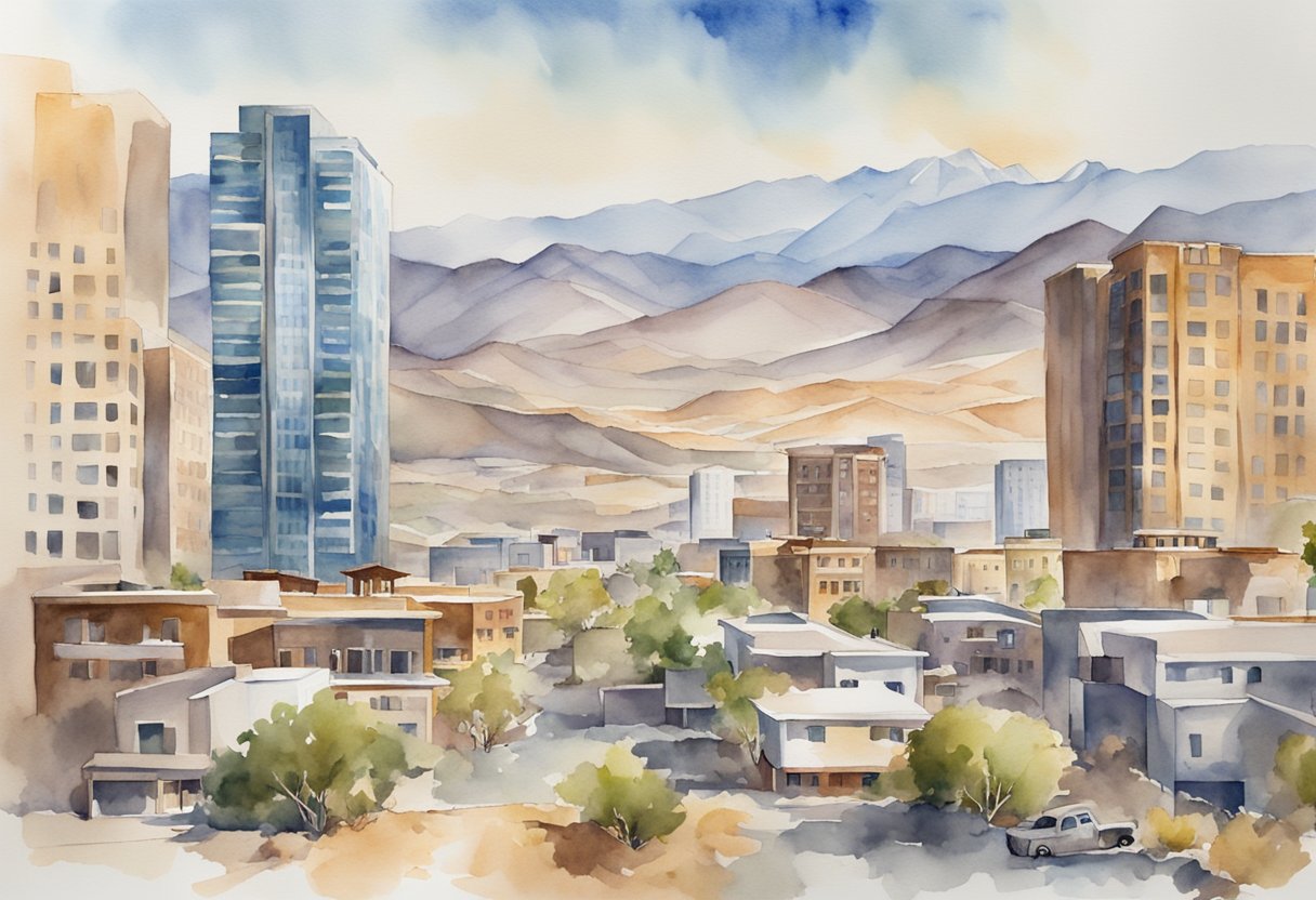 A bustling cityscape in Nevada, with skyscrapers and residential buildings, surrounded by mountains and desert. Real estate signs and construction sites dot the landscape
