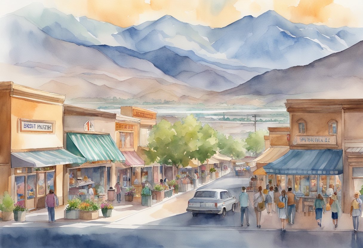 The illustration shows a bustling street lined with shops, restaurants, and entertainment venues, with a scenic backdrop of Nevada's natural attractions like mountains and lakes