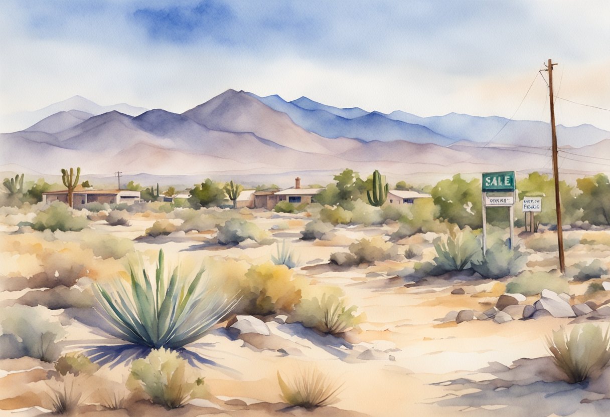 A desert landscape with mountains in the background, a "For Sale" sign in front of a vacant lot, and a real estate office in the distance