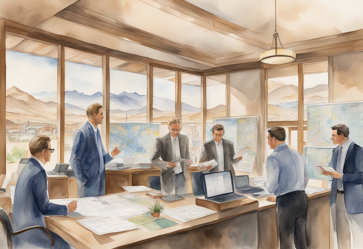 A bustling real estate office in Nevada, with clients and agents engaged in discussions, surrounded by charts, graphs, and maps of properties