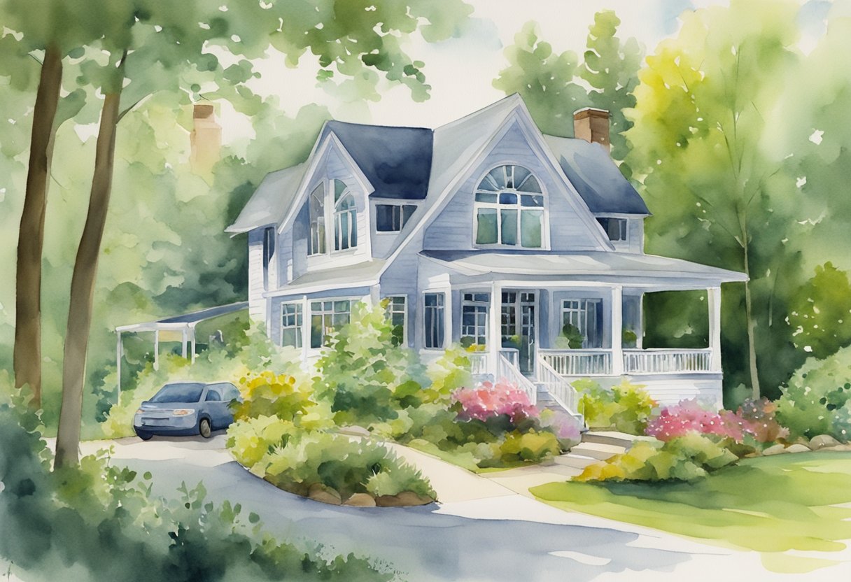 A modern house surrounded by lush greenery in New Hampshire, with a "For Sale" sign out front. A real estate agent is showing the property to potential investors