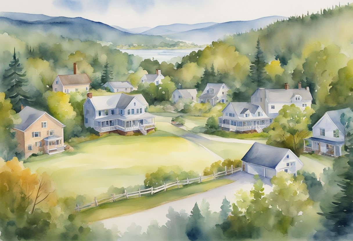 A scenic landscape of New Hampshire with various real estate properties, including residential homes, commercial buildings, and natural surroundings, representing investment opportunities in the real estate market