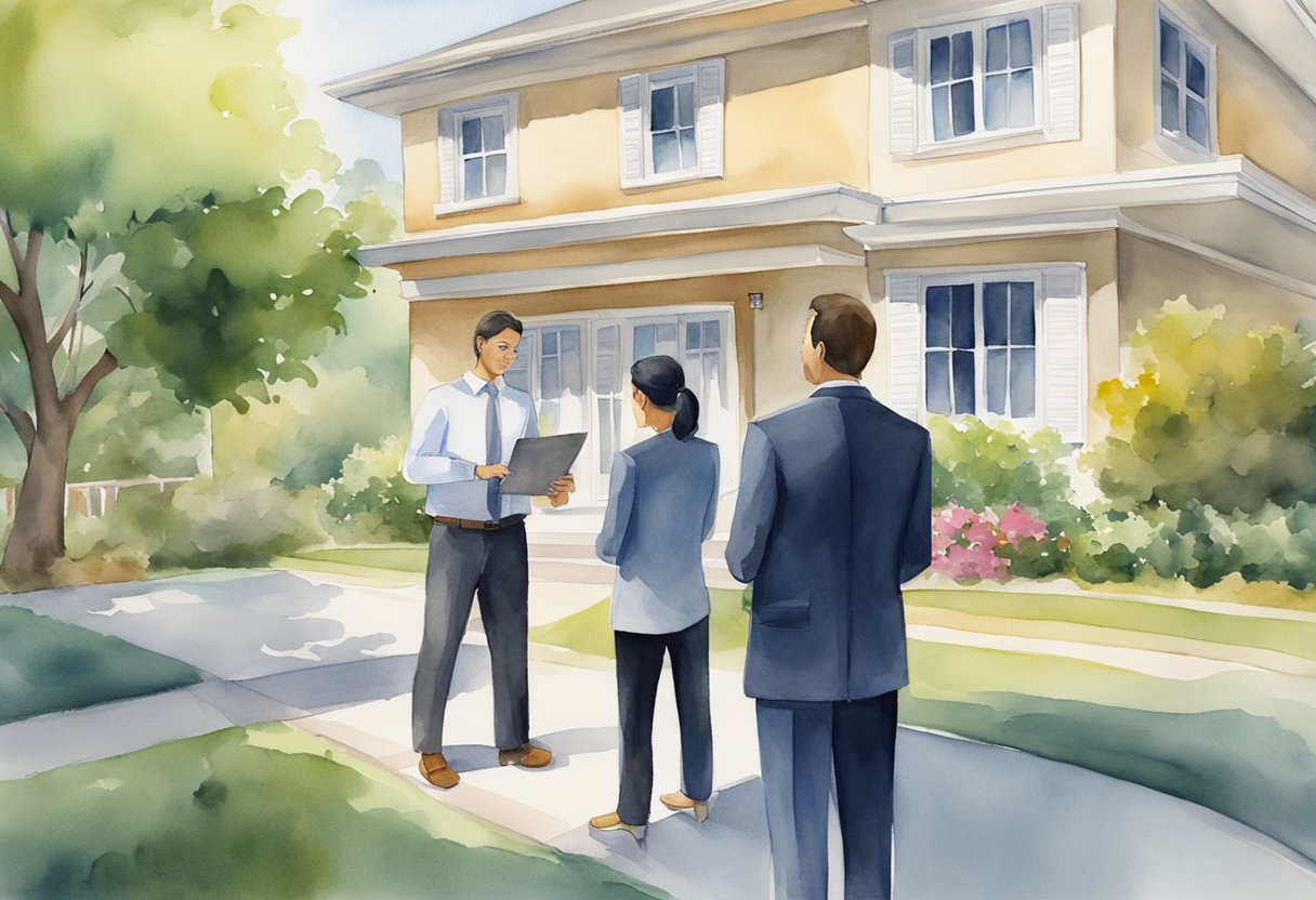 A real estate agent shows a property to potential buyers while another agent negotiates with sellers. Paperwork and contracts are exchanged