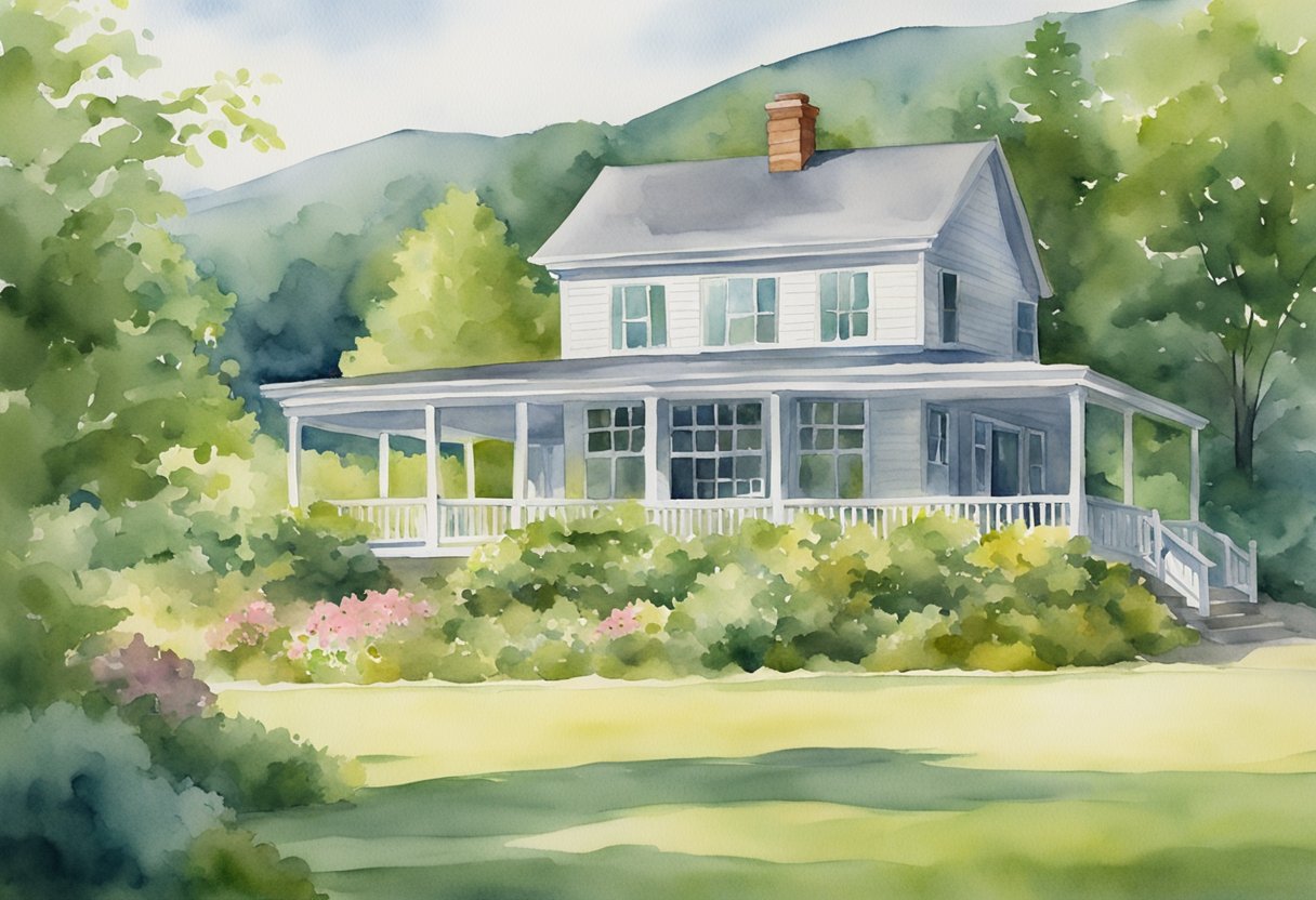 A picturesque New Hampshire landscape with a quaint property management office nestled among the rolling hills and lush greenery
