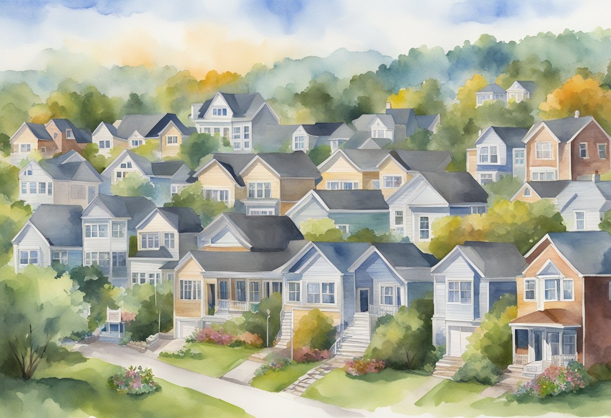 A bustling real estate market in NH, with properties being bought and sold. A graph shows an upward trend, indicating a promising future for real estate investing in the state