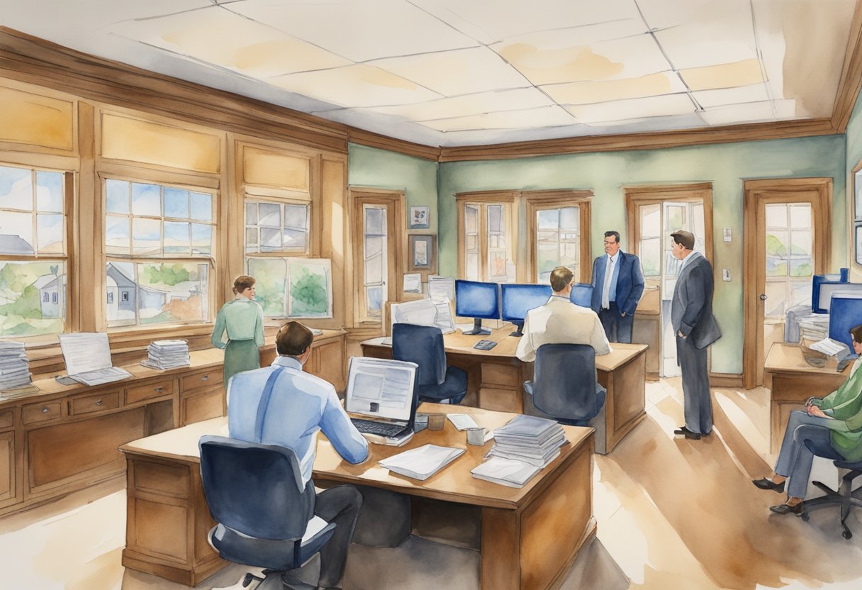 A bustling real estate office in New Hampshire, with agents fielding questions from potential investors. Maps of the state adorn the walls, showcasing prime investment locations