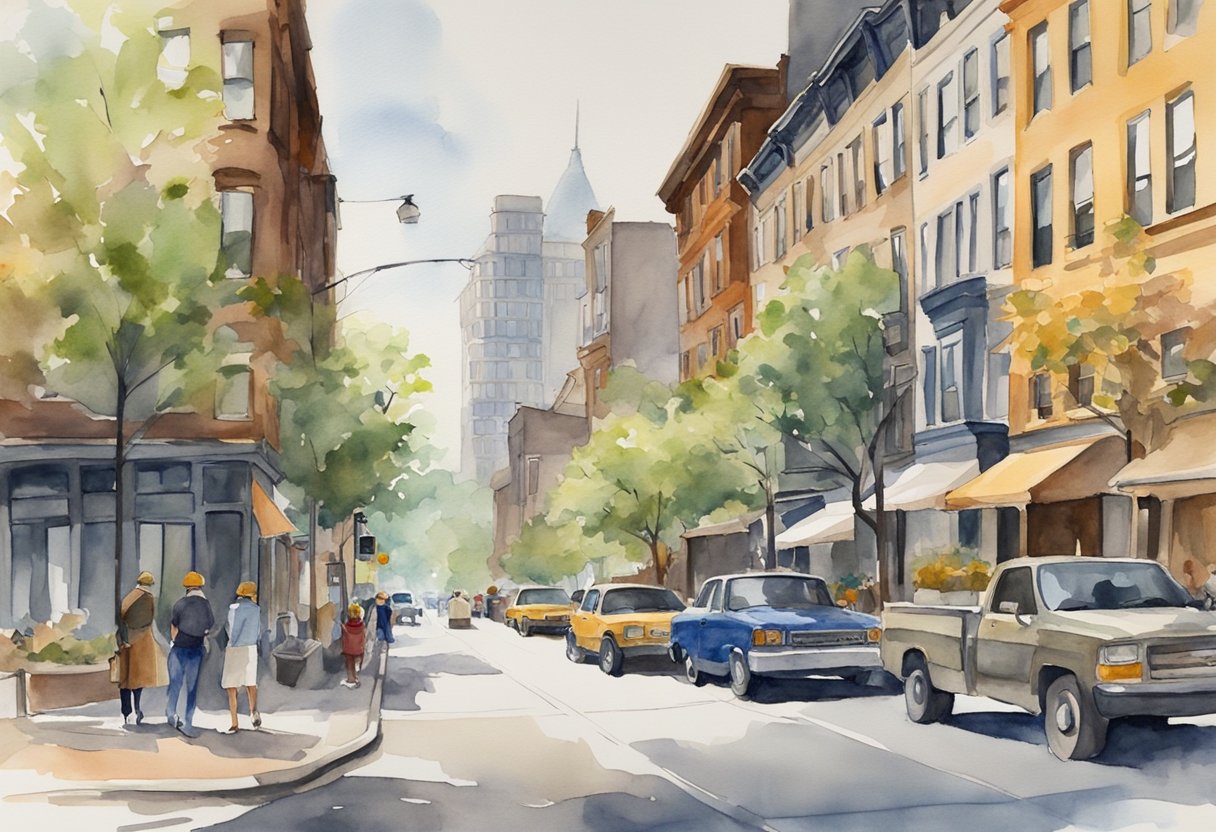 A bustling street in New Jersey lined with diverse properties, from historic brownstones to modern high-rises. Investors discuss deals while surveying the vibrant real estate market