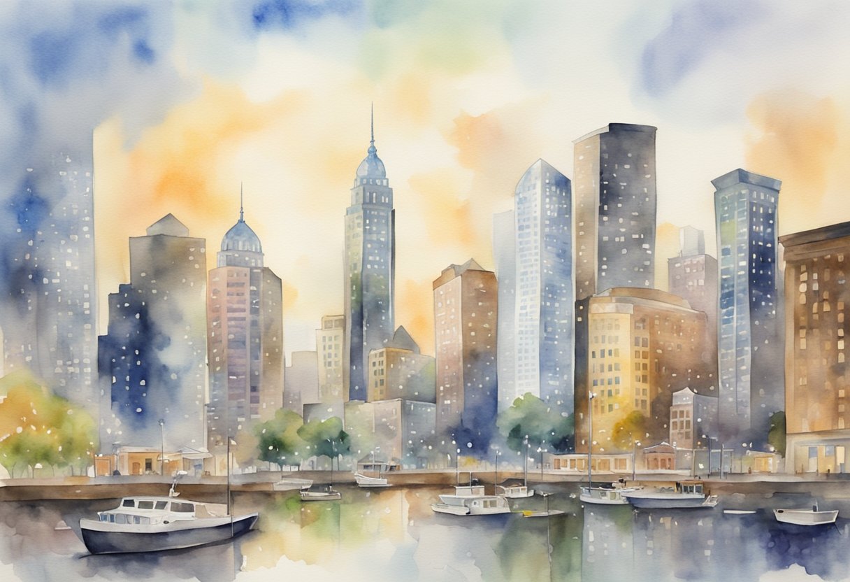 A bustling New Jersey city skyline with real estate signs and buildings, showcasing the diverse and active real estate market in the state