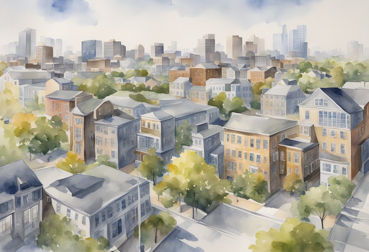 A bustling cityscape with diverse real estate properties in New Jersey, including residential homes, commercial buildings, and industrial warehouses. The skyline is dotted with high-rise apartments and office towers, while suburban neighborhoods feature single-family houses and townhomes