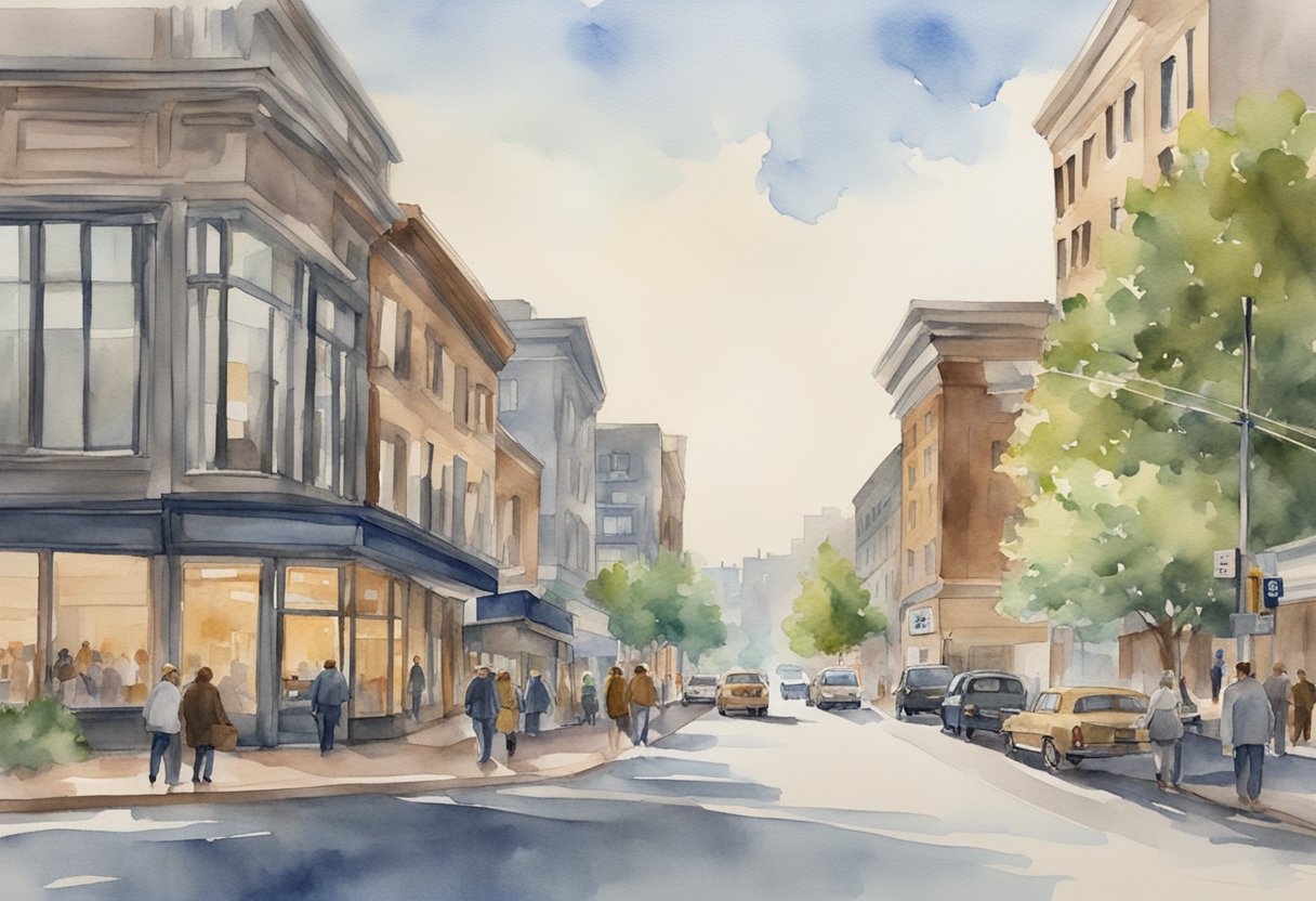 A bustling city street in New Jersey with various real estate properties, including office buildings, residential complexes, and storefronts. A mix of modern and historic architecture with people walking and cars driving by