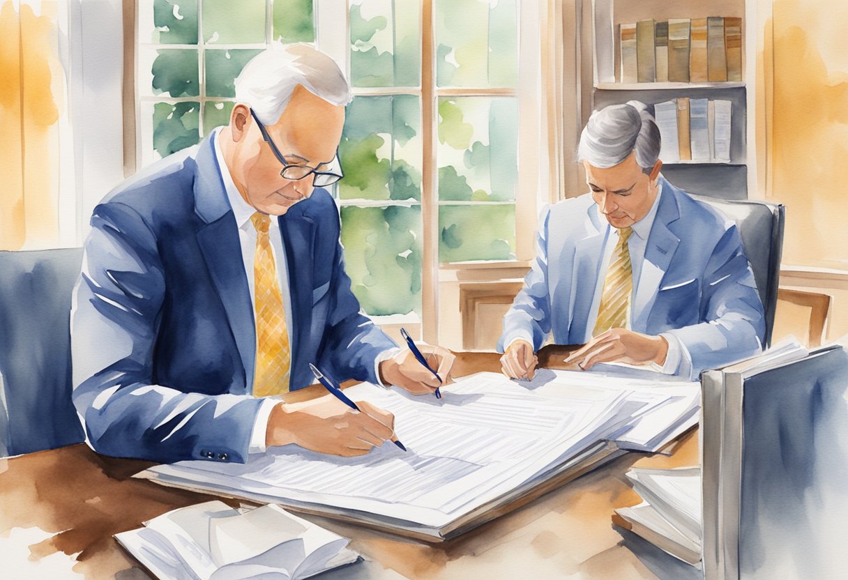 A person signing legal documents while a tax consultant reviews real estate investment plans in New Jersey