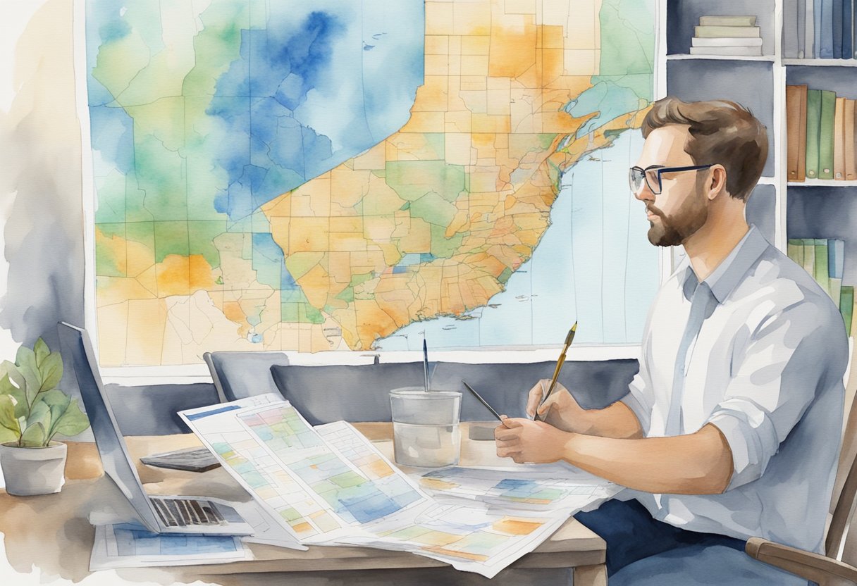 A person analyzing real estate data in New Jersey, surrounded by charts, graphs, and a map of the state