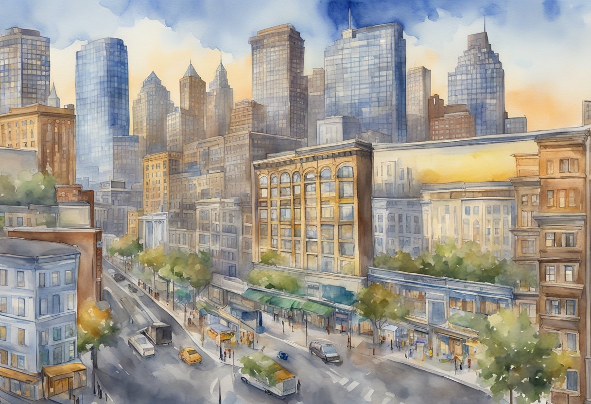 A bustling New Jersey city skyline with "Frequently Asked Questions: Real Estate Investing" displayed on a large billboard. A diverse array of buildings and landmarks fill the background
