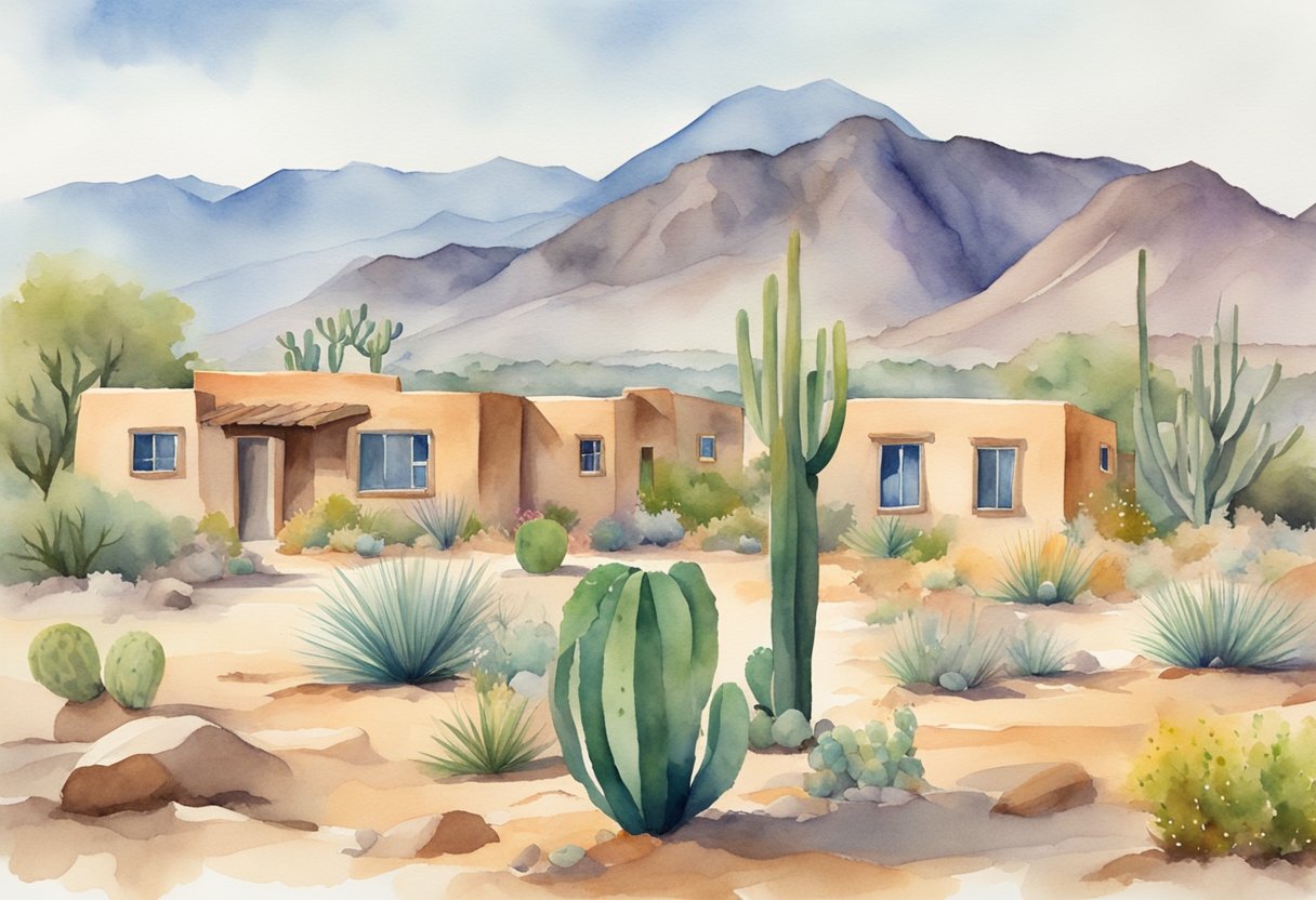 A desert landscape with adobe-style houses, cacti, and mountains in the background, symbolizing real estate investing in New Mexico