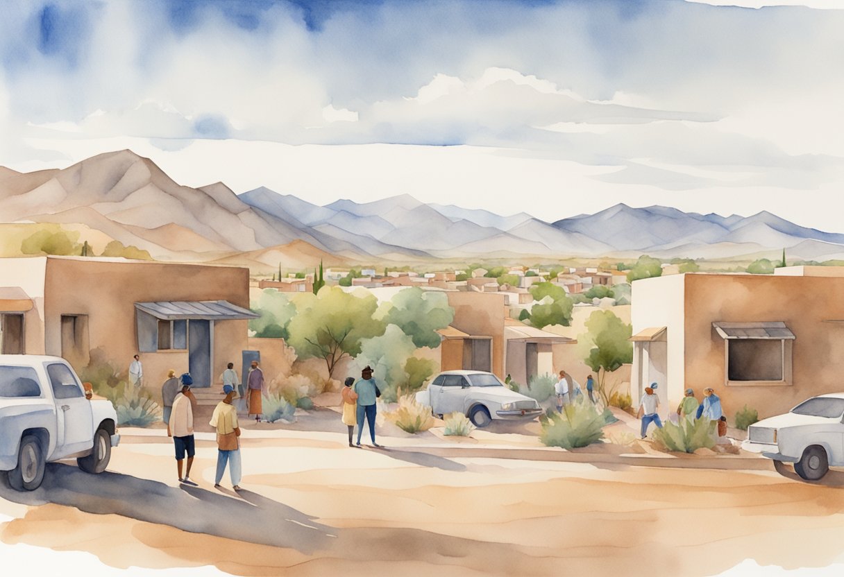 A diverse group of people gather in a New Mexico neighborhood, surrounded by various types of housing. The landscape features desert terrain and mountains in the distance