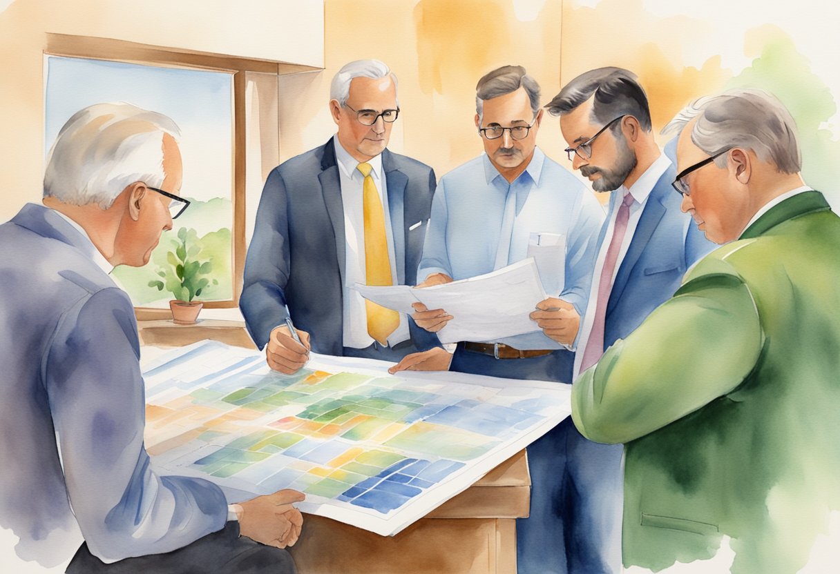 Investors reviewing property listings, analyzing market trends, and consulting with financial advisors in New Mexico