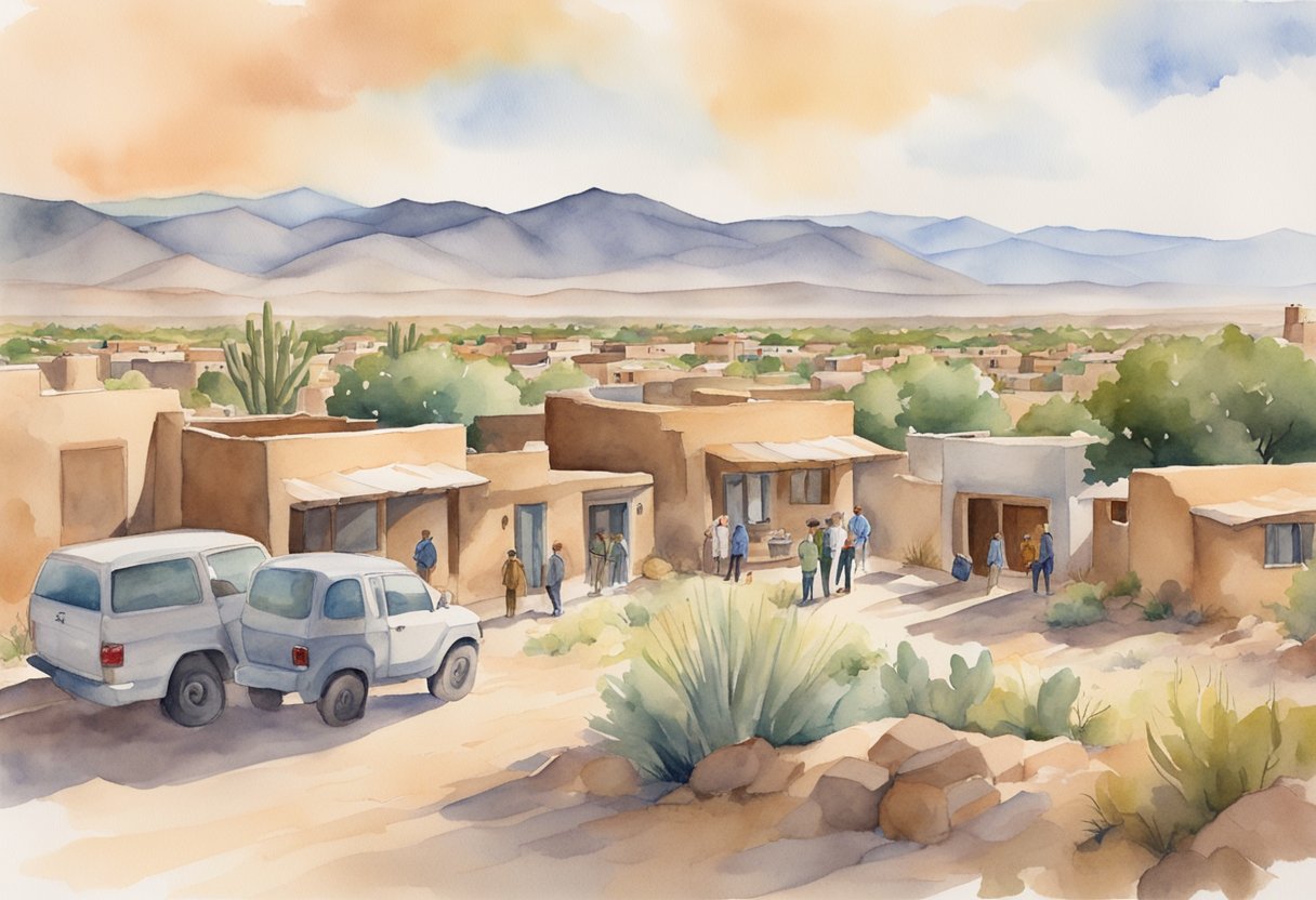 A bustling real estate market in New Mexico, with agents negotiating deals and investors surveying properties. The landscape features adobe-style homes and desert terrain