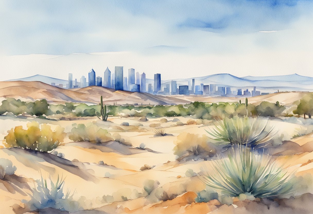 A desert landscape with a modern city skyline in the background, surrounded by rolling hills and a clear blue sky