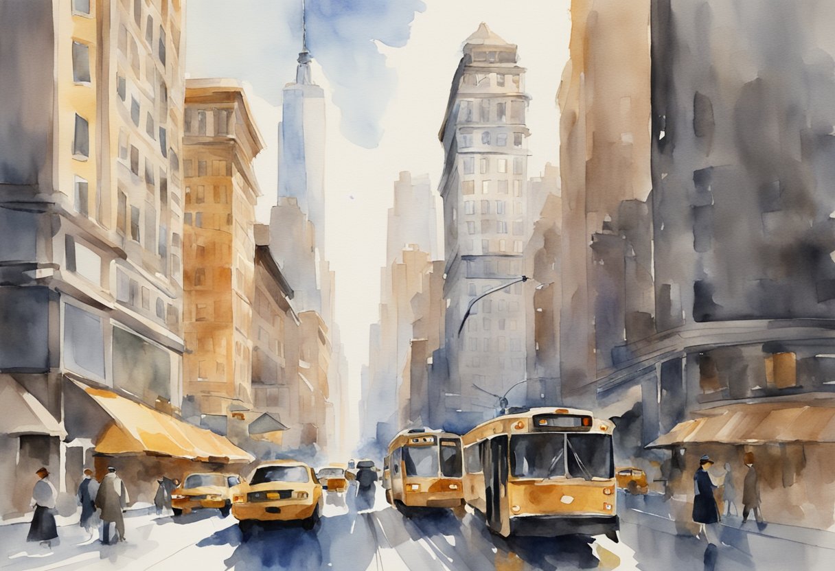 A bustling cityscape with iconic skyscrapers, busy streets, and a mix of modern and historic buildings, reflecting the dynamic and lucrative New York real estate market