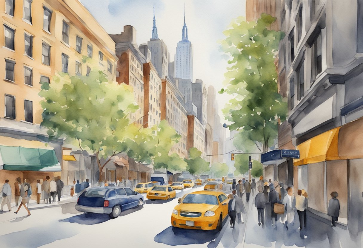 A bustling city street with a mix of residential and commercial buildings, showcasing the diversity of investment properties in New York real estate