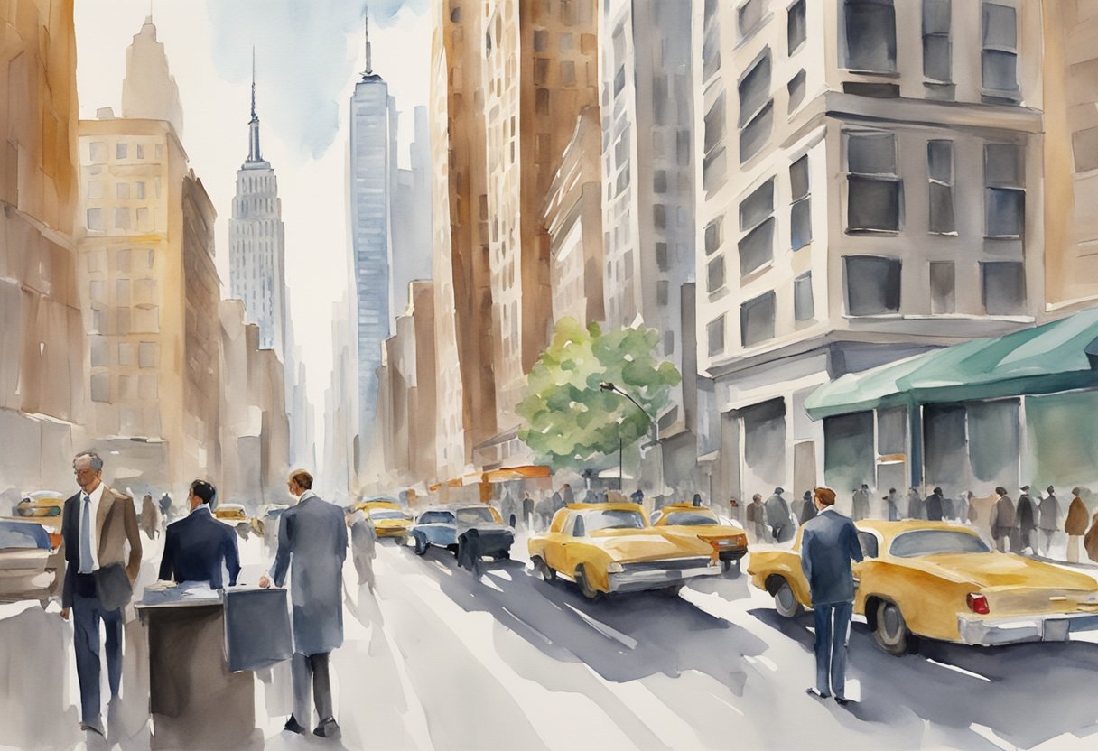 A bustling New York City street with skyscrapers in the background, a real estate investor signing documents at a sleek office desk, and a bustling financial district in the background