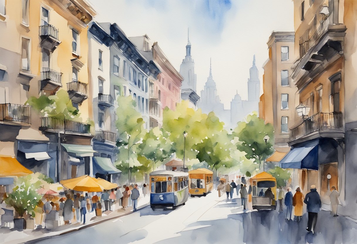 Busy streets lined with diverse architecture, from historic brownstones to modern high-rises. People bustling about, cafes and shops bustling with activity. Iconic landmarks dot the skyline