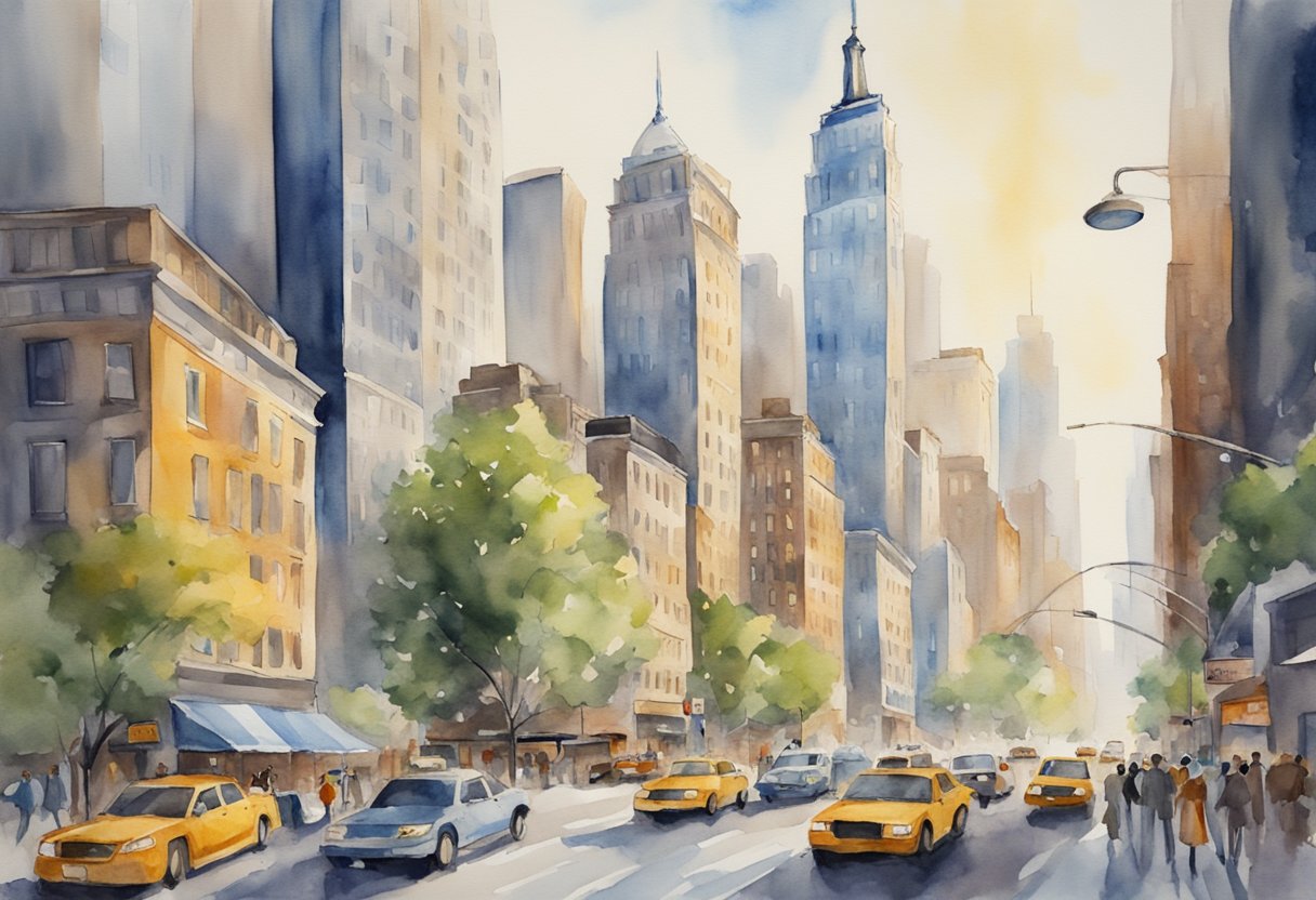 A bustling cityscape with skyscrapers and bustling streets, showcasing the iconic skyline of New York City, with signs of real estate development and investment opportunities