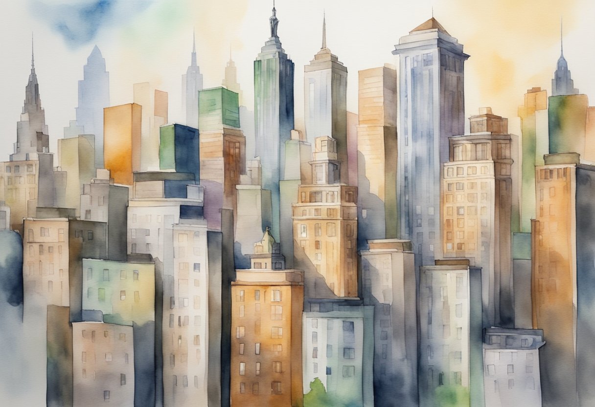A bustling New York City skyline with diverse real estate properties and investment opportunities