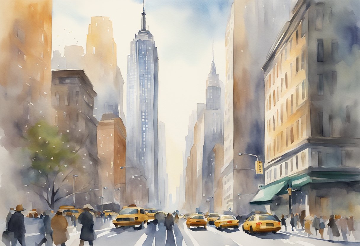 A bustling New York City street with skyscrapers in the background, a real estate sign, and people walking by