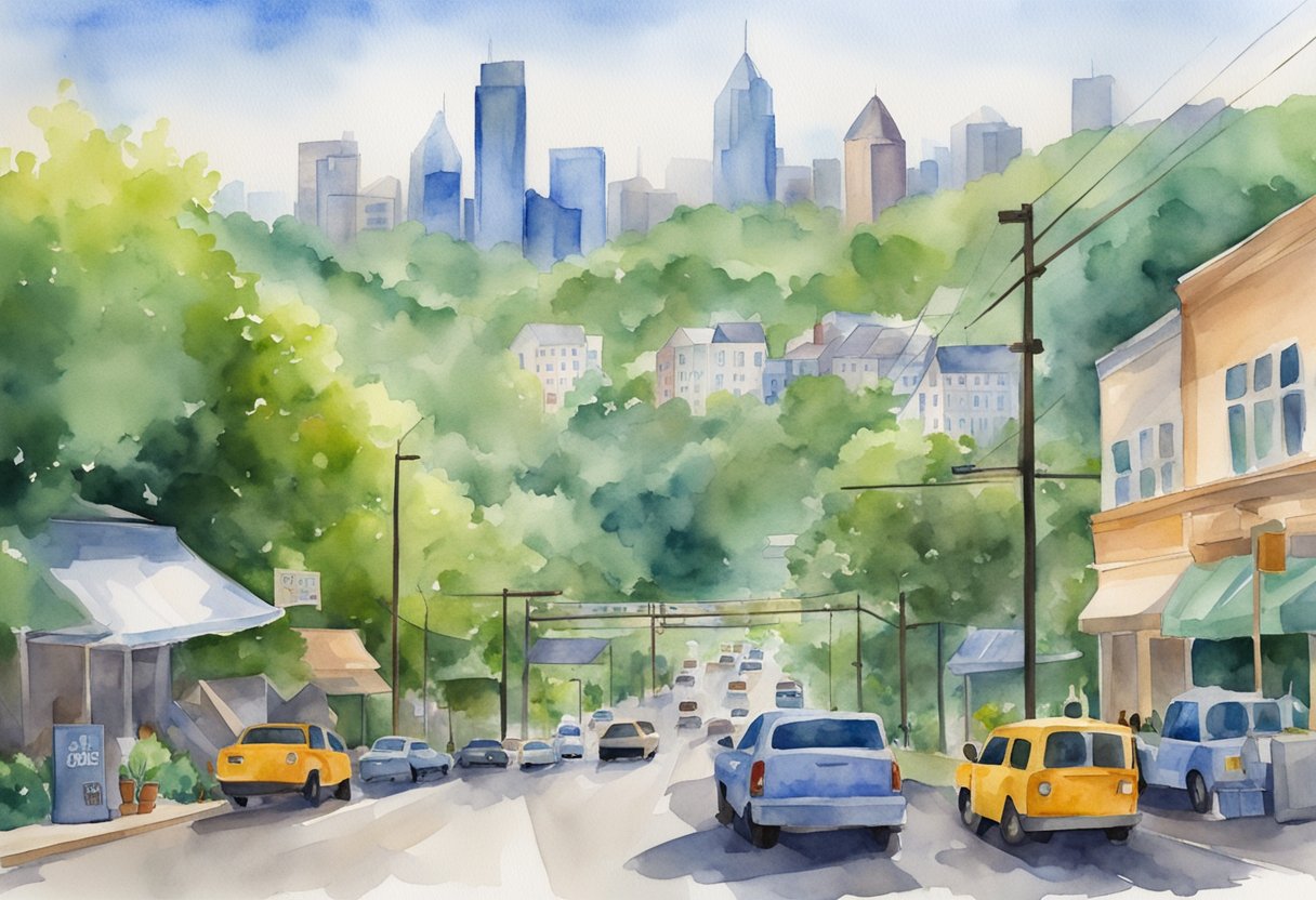 A bustling city skyline with "For Sale" signs and construction cranes, surrounded by rolling hills and lush greenery in North Carolina