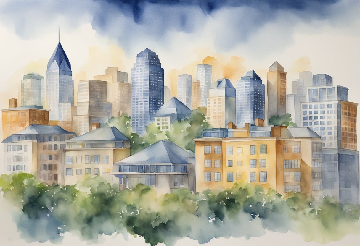 A bustling city skyline with various types of real estate properties, including residential homes, commercial buildings, and apartment complexes in North Carolina