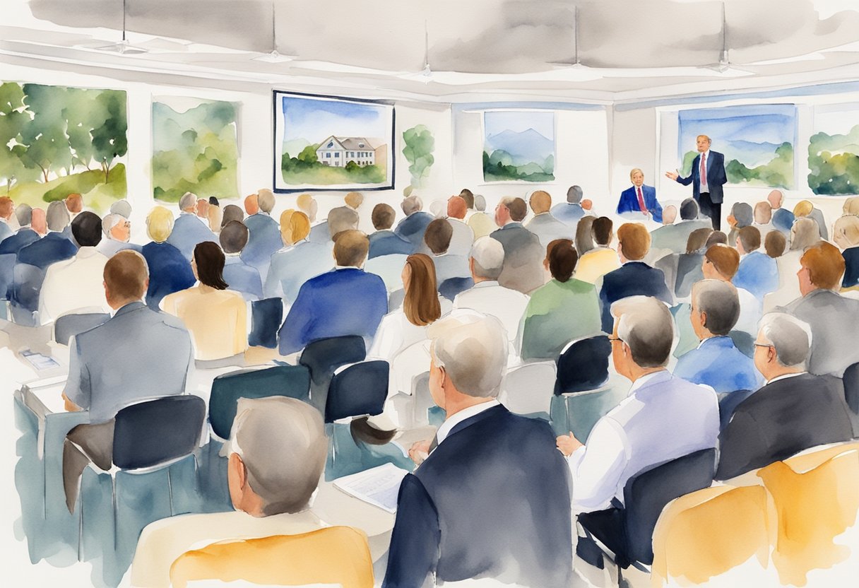 A bustling real estate seminar in North Carolina with eager investors and a speaker addressing FAQs