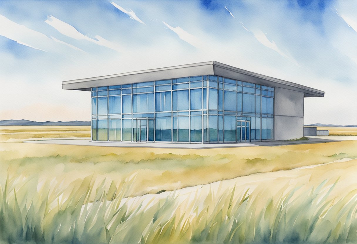 A modern office building in North Dakota with a "For Sale" sign out front, surrounded by rolling plains and a clear blue sky