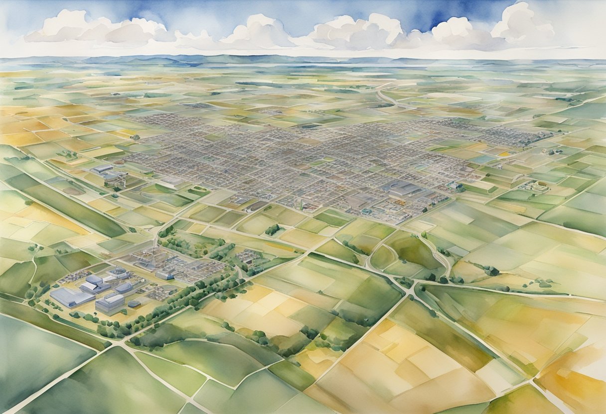 Aerial view of North Dakota with prominent cities, farmlands, and oil fields, showcasing the diverse investment opportunities in real estate