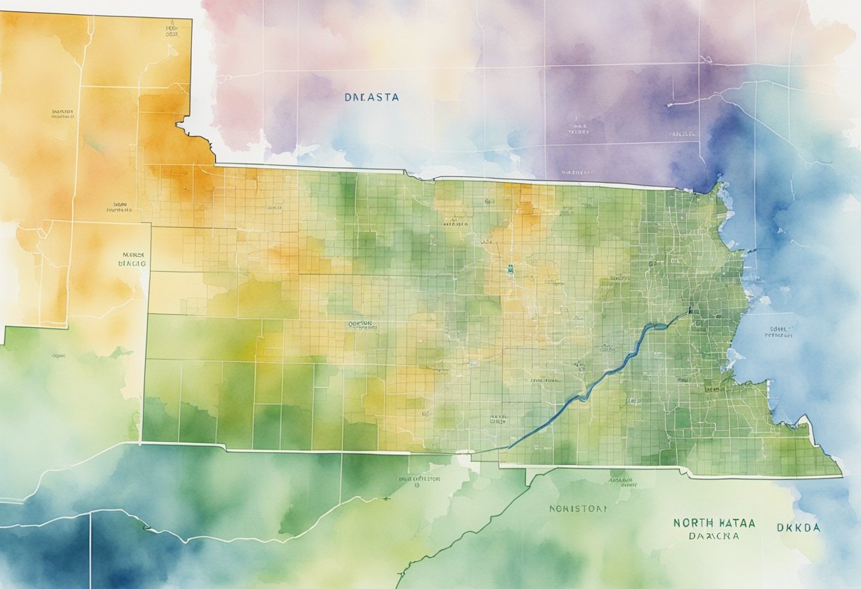 A graph showing rising property values in North Dakota, with a map of the state in the background