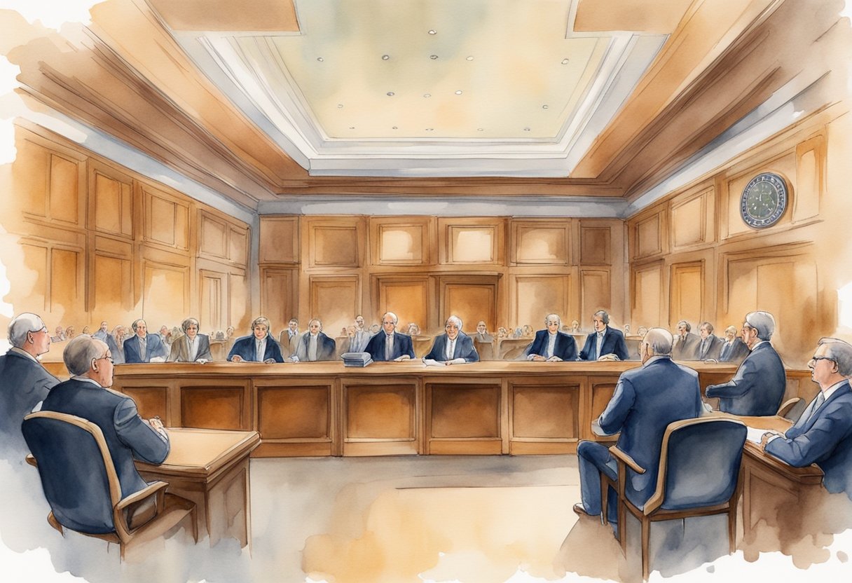 A courtroom with judges and lawyers discussing real estate laws in North Dakota
