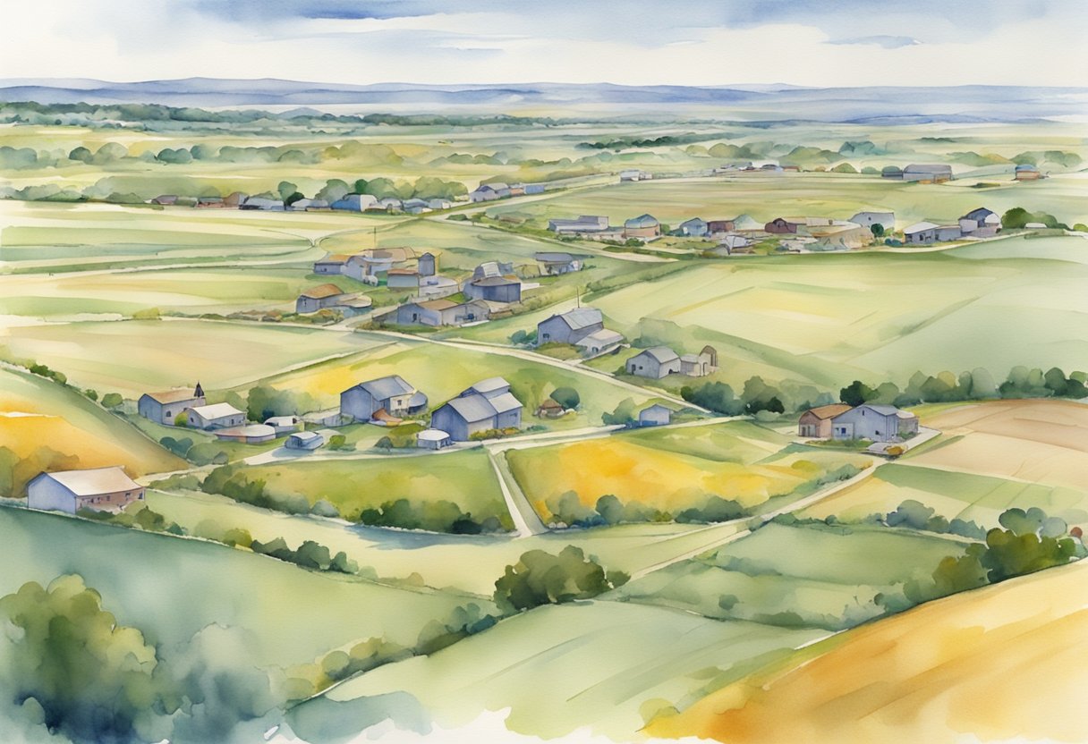 A sprawling North Dakota landscape with diverse real estate properties, from rural farmland to urban developments, showcasing the potential for building and managing a diverse investment portfolio