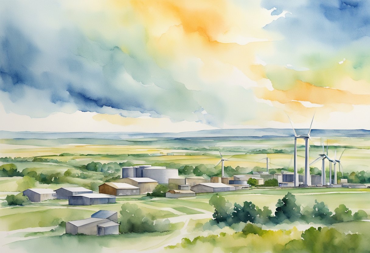 A landscape of North Dakota with modern buildings, renewable energy sources, and bustling economic activity, showcasing the potential for real estate investing in the region