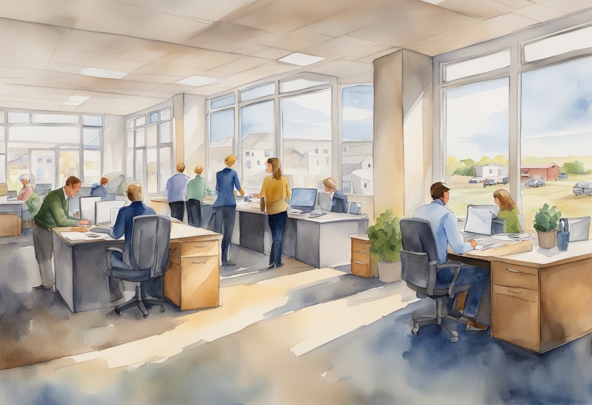 A bustling real estate office in North Dakota with people discussing investment opportunities and reviewing property listings