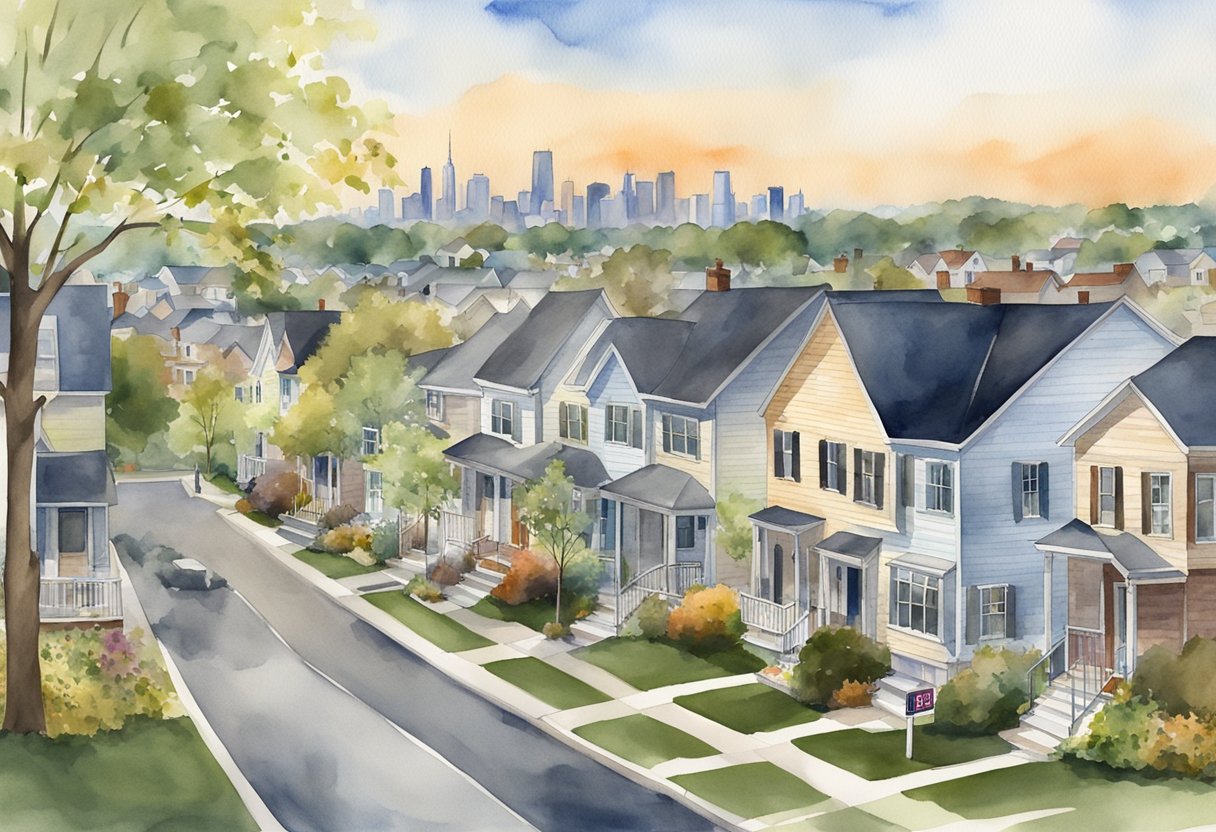 A suburban Ohio neighborhood with rows of houses, some with "For Sale" signs. A real estate agent showing a property to potential investors. A bustling city skyline in the background