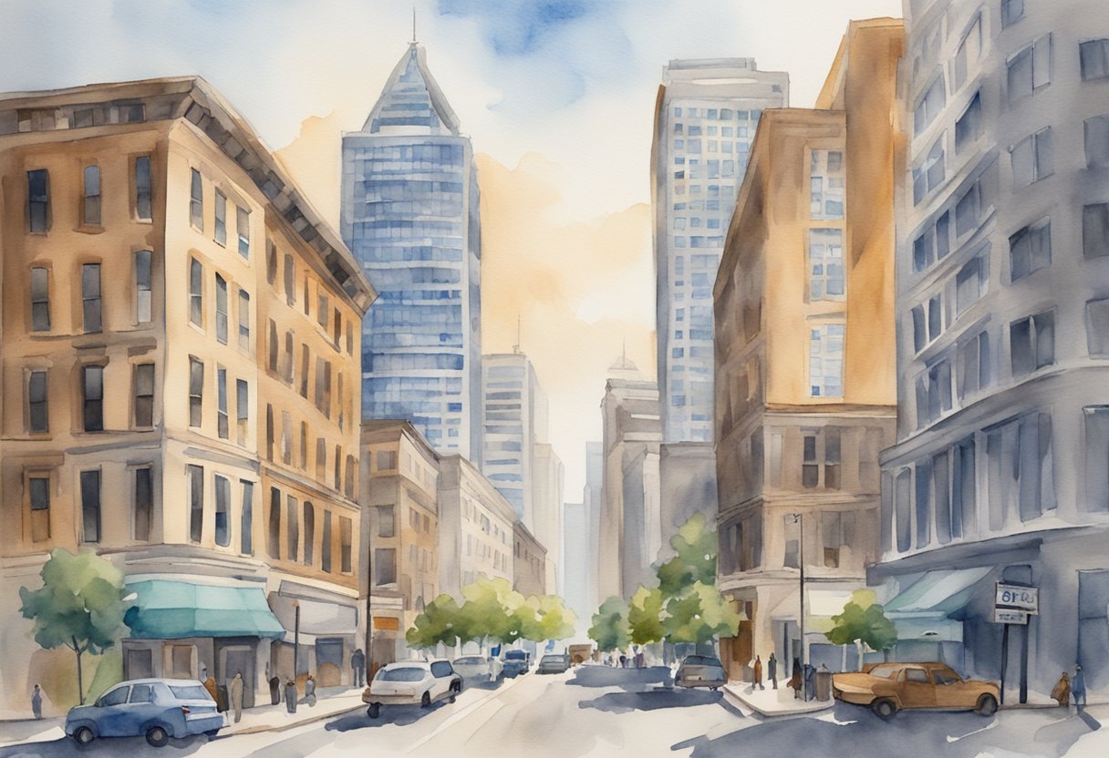 A bustling cityscape with skyscrapers and residential buildings in Ohio, with "For Sale" signs and real estate offices, symbolizing real estate investing