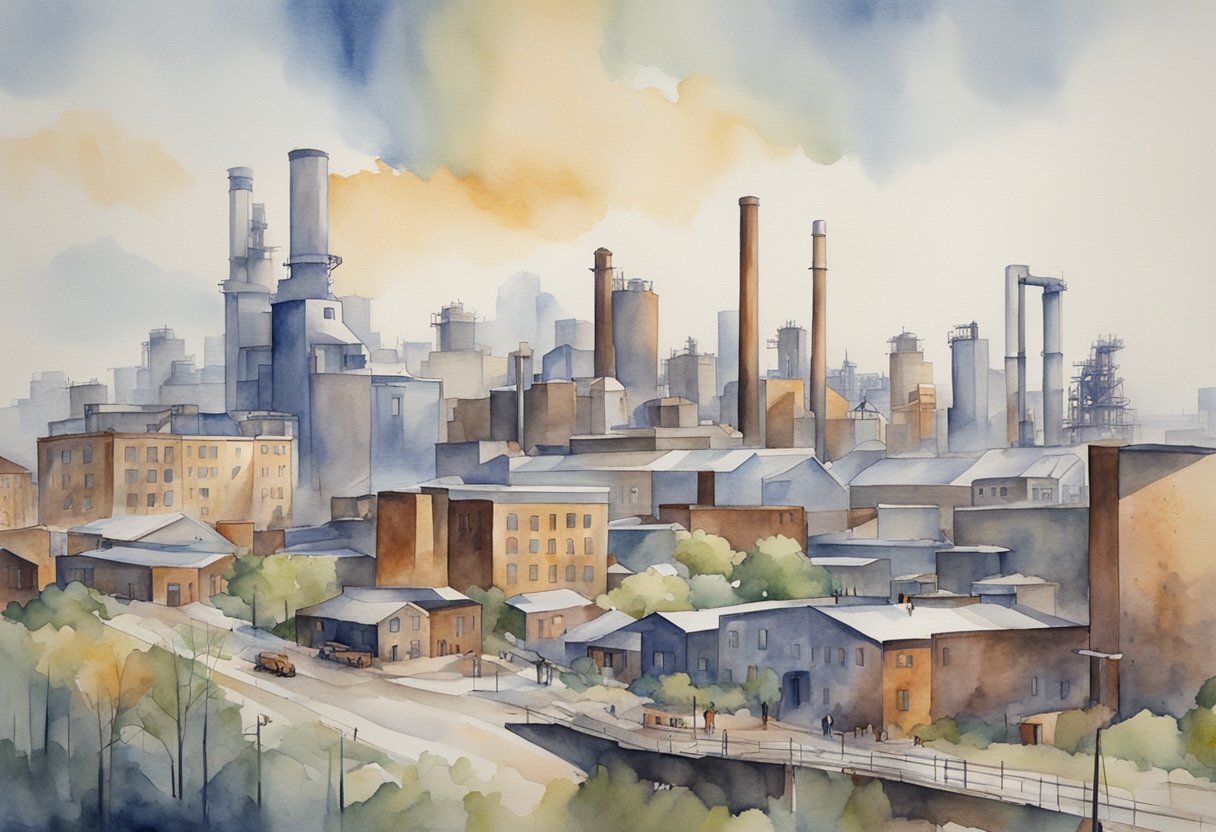 A bustling city skyline with industrial factories, commercial buildings, and residential neighborhoods, showcasing the influence of economic sectors on property values in Ohio