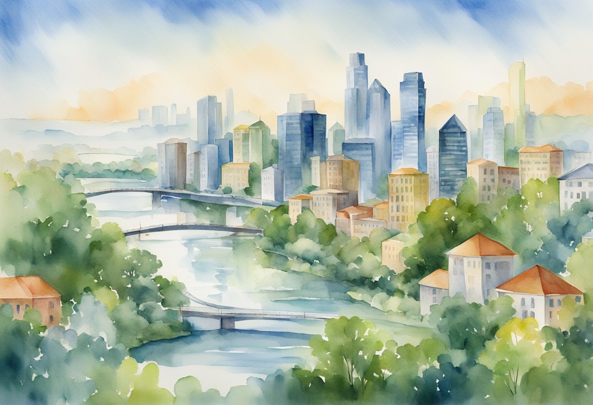 A bustling city skyline with various real estate properties, including residential and commercial buildings, surrounded by vibrant greenery and a river flowing through the landscape
