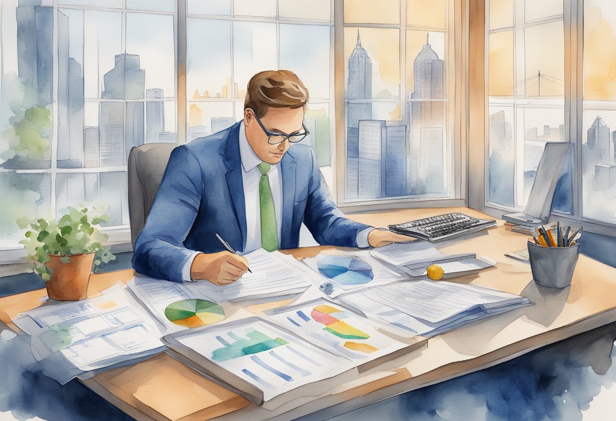 An investor studying Ohio's real estate market, surrounded by charts and graphs, weighing potential risks and rewards