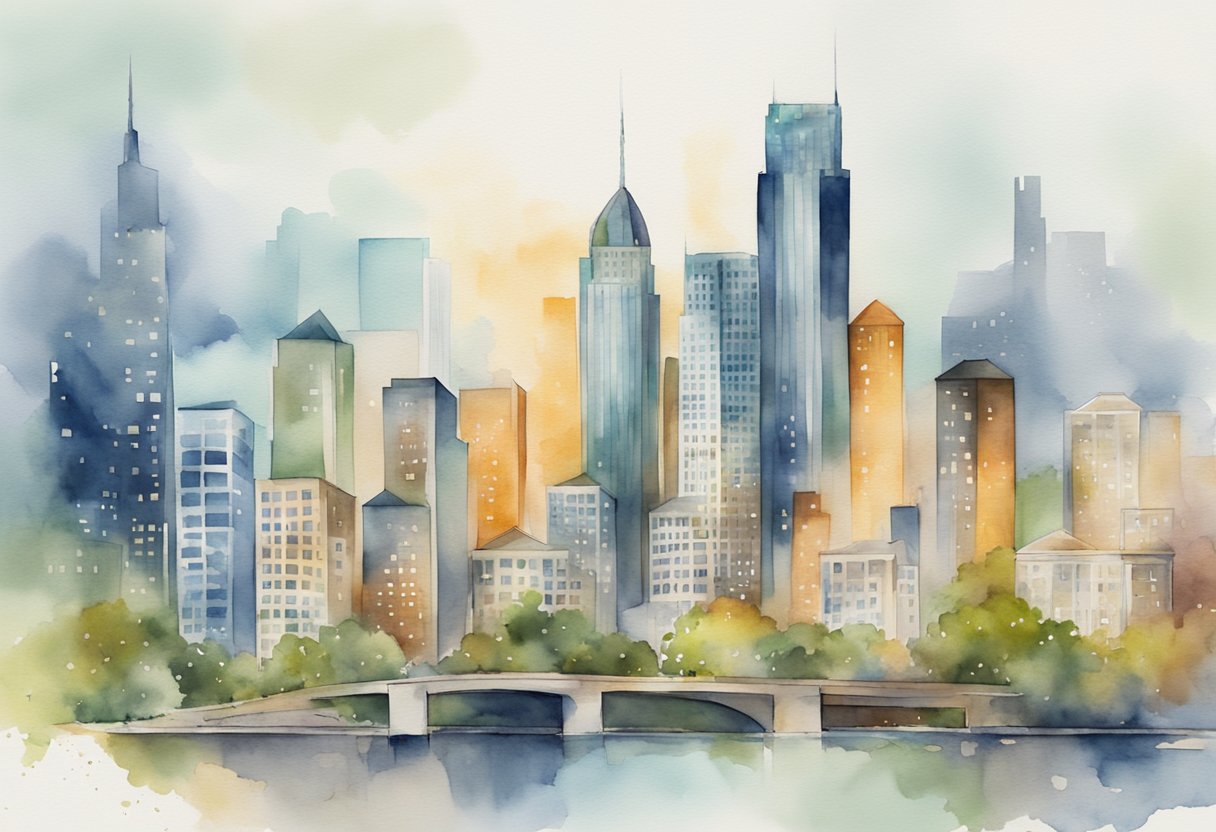 A bustling city skyline with real estate properties, surrounded by graphs and charts showing market trends and dynamics in Ohio