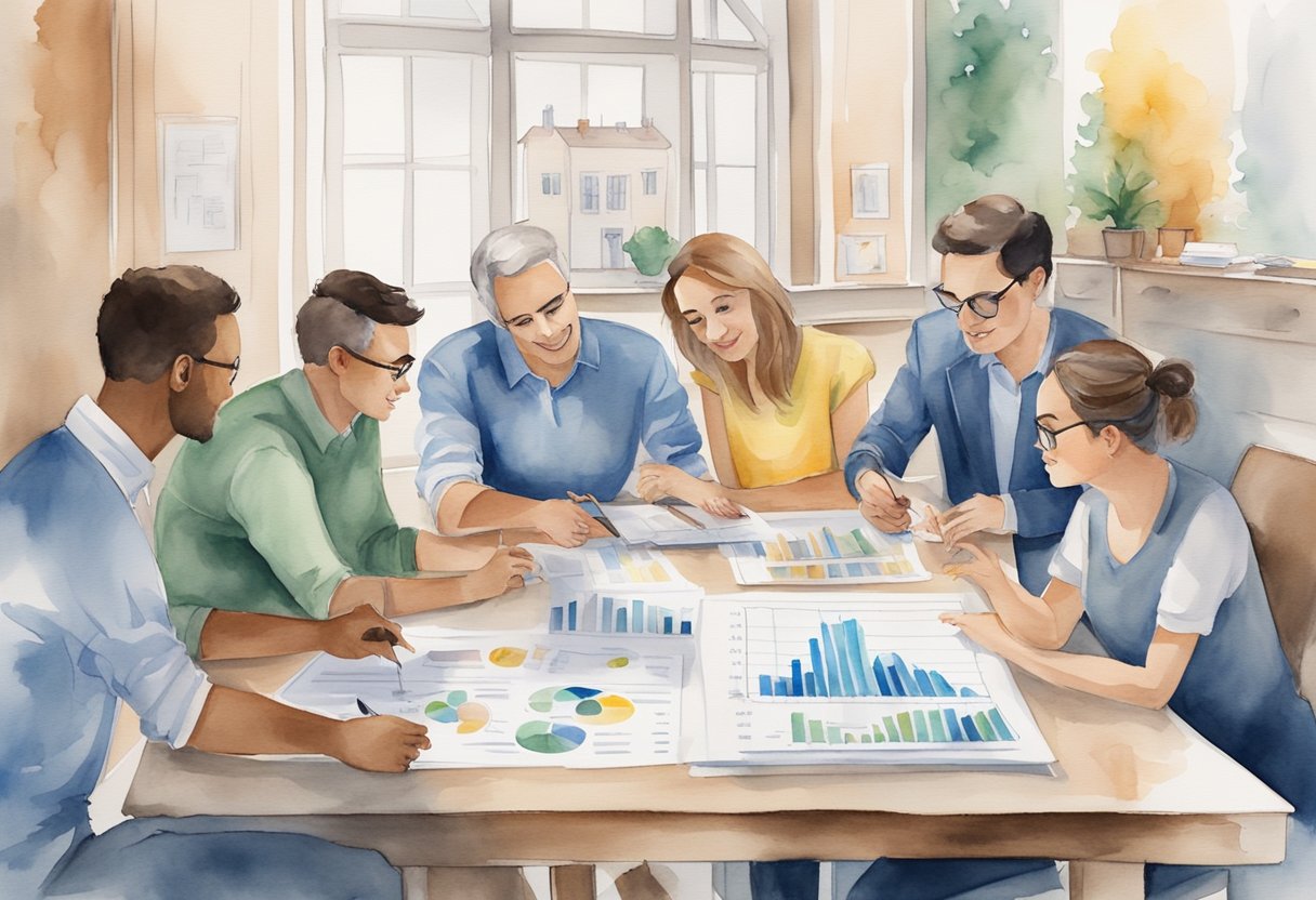 A group of people gathered around a table, discussing real estate investing in Ohio. Charts and graphs are displayed, and someone is pointing to important information