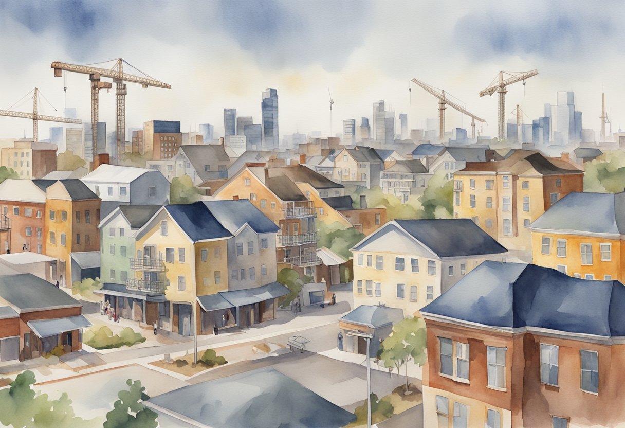 A bustling cityscape in Oklahoma with various properties and buildings, including residential homes, commercial spaces, and industrial complexes. The skyline is dotted with construction cranes and signs of growth and development